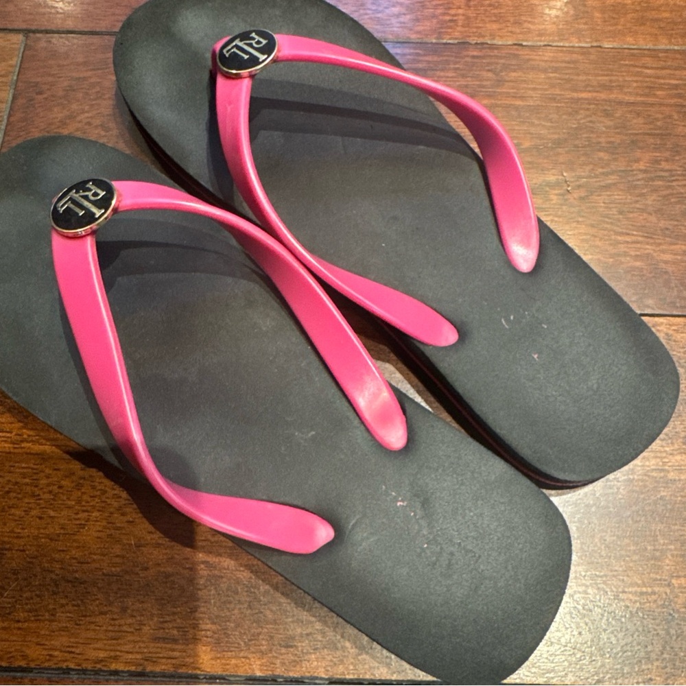 LAUREN Ralph Lauren Black And Pink Flip Flop Sandals Ladie's 7 1/2 - Picture 5 of 6